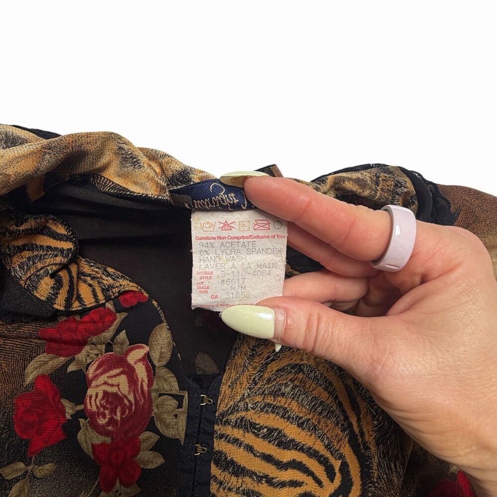 Y2K Midnight Velvet Animal Print Floral Blouse Roses Lace Trim - Picture 7 of 9